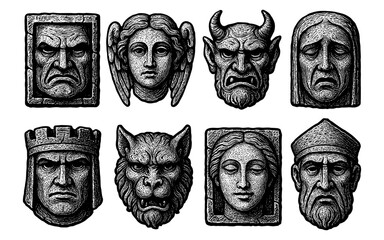 Intricate hand-drawn medieval gargoyle faces in monochrome style