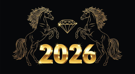 A striking illustration features two golden horses flanking a diamond, with the year 2026 prominently displayed, all set against a sleek black background design.