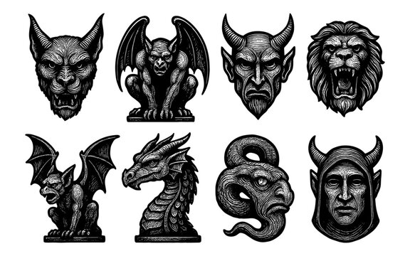 Monochrome mythical creatures: gargoyles, dragons, and beasts in vintage etching style