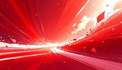 Abstract motion art, dynamic red and white curves, suggestive of speed, energy, and sky with light