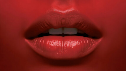 Obraz premium Close up of a woman s full red lips with glossy lipstick and visible teeth