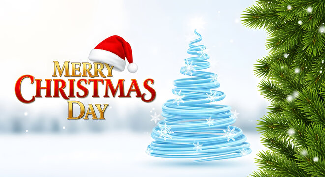 Merry Christmas Day festive greeting with Santa hat and stylized ice tree holiday