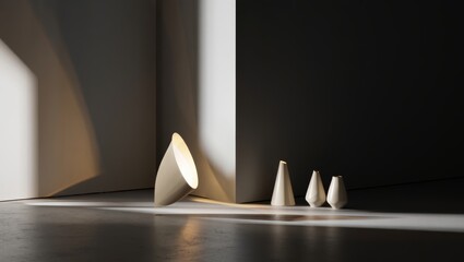 Modern cone sculptures and lamp with dramatic light and shadow
