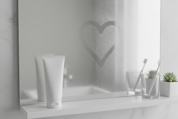 cream tube. cosmetic cream promotion. fogged mirror in bathroom with heart symbol drawn on surface, closed white plastic cream tube, sink glass with toothbrush. self-care concept, skincare
