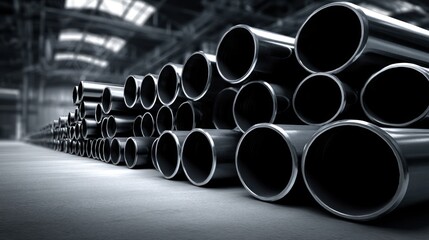 Metal pipes stacked in a warehouse