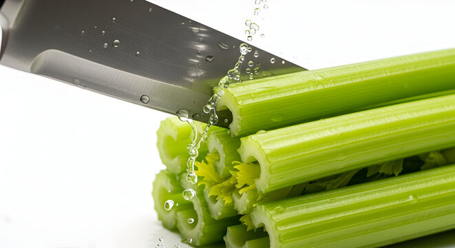 Fresh Green Celery Stalks Being Sliced with a Sharp Knife on a Clean White Surface in a Culinary Kitchen Setting