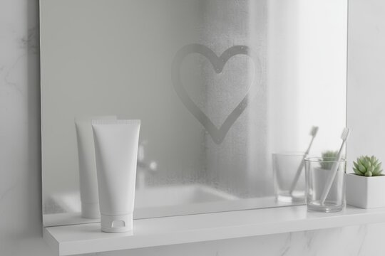 cream tube. cosmetic cream promotion. fogged mirror in bathroom with heart symbol drawn on surface, closed white plastic cream tube, sink glass with toothbrush. self-care concept, skincare - Powered by Adobe