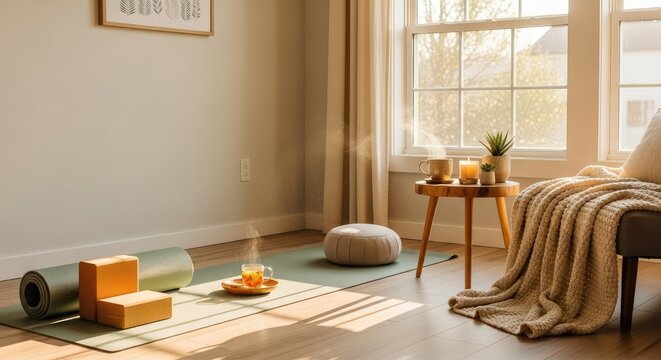 Yoga mat and blocks in a sunlit room with tea and meditation cushion