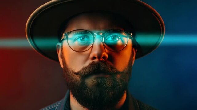 Futuristic portrait of a bearded adult caucasian man wearing glasses with a blue light scanning his eyes. Biometric authentication and digital identity technology concept