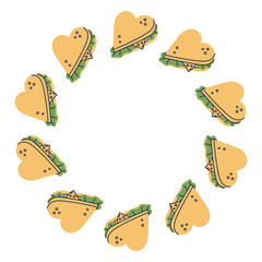 Heart Shape Sandwich Frame. Fast Food Breakfast Round Border with stuffed bread. Cafe Restaurant Menu design. Hand drawn Vector illustration