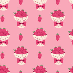 Strawberry Dessert Seamless Pattern. Pink Coquette La Dolce Vita Sweet Food Background with hand drawn berries in bowl with bow. Flat vector illustration