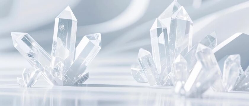 Crystal Formation Display, Clear Quartz Clusters, Ethereal White Studio Backdrop, Macro Photography