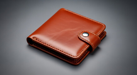 Classic Brown Leather Wallet with Button on Grey Background