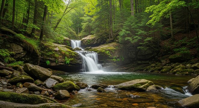 Lush forest scene featuring a cascading waterfall and mossy rocks