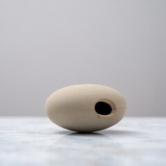 Smooth stone with a single dark hole against a soft gray background