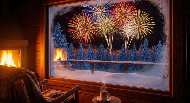 Cozy cabin view of fireworks over winter forest from frosty window