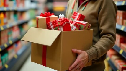 Manl carrying a festive cardboard box filled with beautifully wrapped Christmas gifts, showcasing holiday spirit, camera follows with a smooth dolly movement through a vibrant store aisle - Powered by Adobe