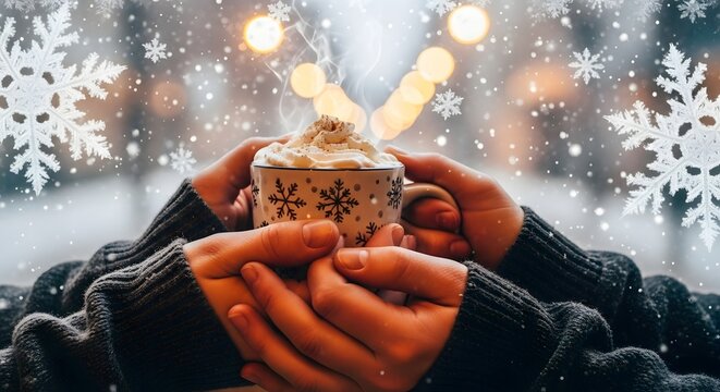 A couple's hands holding a warm mug of hot chocolate with whipped cream in a cozy winter setting with snowflakes.