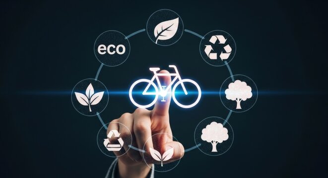 Person touching a bicycle icon surrounded by eco symbols for green transportation