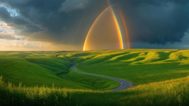 Lush green hills and winding road beneath a brilliant double rainbow against a stormy sky