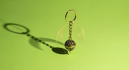 A decorative keychain with a spherical charm casting a shadow on a vibrant green background, highlighting its intricate design and metallic finish