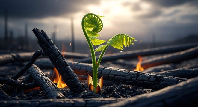 Fern Sprout Emerges After Forest Fire, Symbol of Hope and Renewal