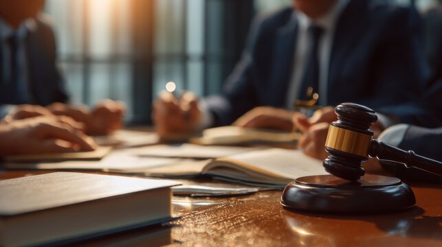 Legal team discussing documents and gavel on table