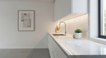 Fototapeta premium Bright kitchen with white cabinets marble countertop and modern artwork