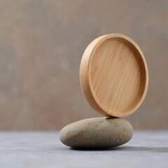 Zen balance of natural wood bowl on smooth river stone