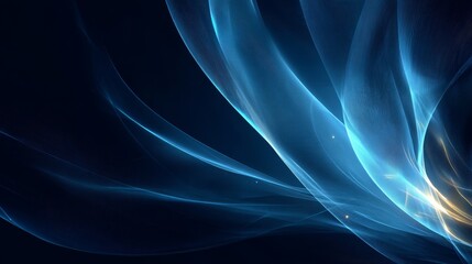 Abstract dark blue energy design with soft light, flowing smoke, purple fractal wave motion, and a digital line art pattern backdrop