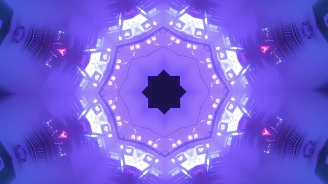 Vibrant purple and blue neon light kaleidoscope pattern moving dynamically in an abstract digital tunnel