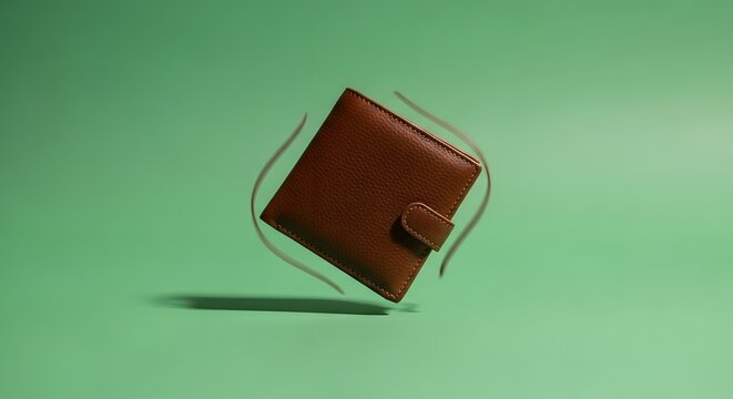A brown leather wallet with a snap closure is floating against a green background, casting a shadow and creating a sense of motion and depth