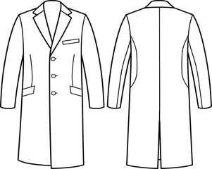 Long coat technical drawing, front and back views, fashion flat sketch, tailored fit design, notched lapel and pockets