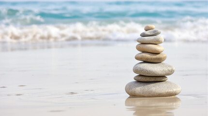 Harmony by the Shore: A serene stack of smooth stones, meticulously balanced on the sandy beach against the tranquil backdrop of the rolling sea, invites moments of meditation and calm.