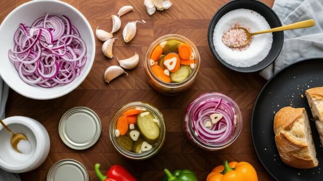 Culinary flat lay of pickling ingredients like red onion, garlic, and salt. Fresh vegetables and bread on a wooden board for a food blog header or cooking website banner