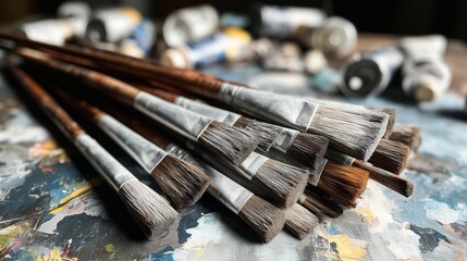 Paintbrushes and paint tubes in artist’s workspace