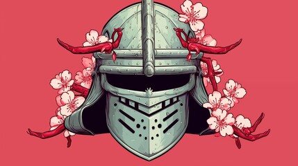Knight helmet with cherry blossoms and tentacles