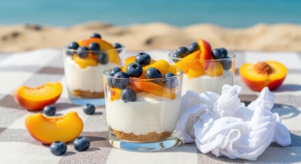 Refreshing individual yogurt parfaits layered with creamy yogurt, crunchy granola, blueberries, and peach slices, served outdoors on a beach blanket.