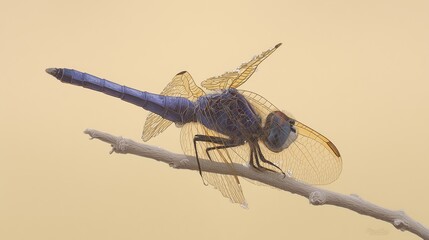 Blue dragonfly with golden wings on branch