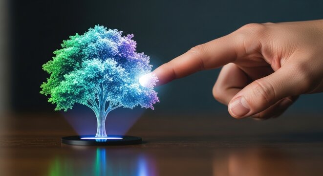 A hand touching a holographic tree for environmental protection and sustainable development