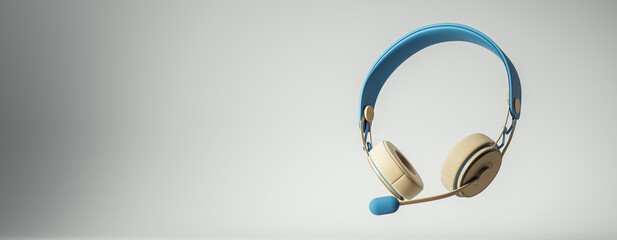 Beige and blue headset with microphone floating on light gradient background with empty copyspace for modern tech design or branding mockup. 3D Rendering