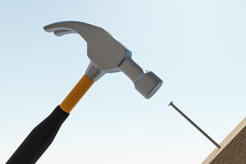 Hammer striking nail on wooden surface with clear sky background, symbolizing precision, force, and construction effort. 3D Rendering