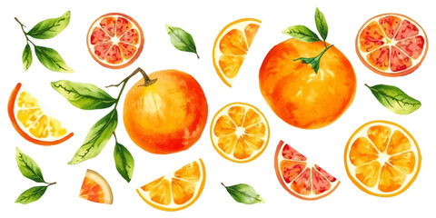Set of orange Clementine in watercolor style. Various sizes including whole fruit and halves with leaves, soft orange and green tones, isolated on white background. Vector.