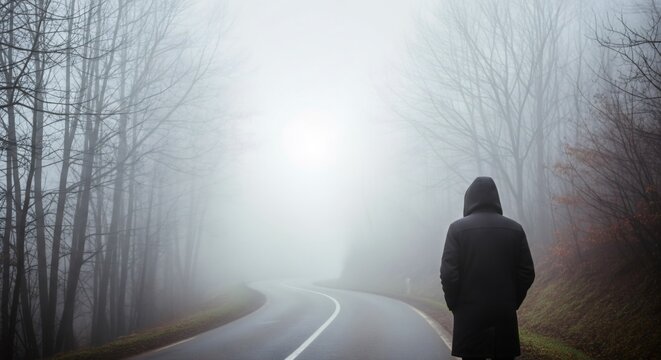 Hooded figure walks on foggy road winding through a forest at dawn.