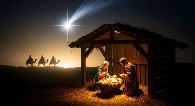 Silhouette nativity scene of Mary, Joseph before baby Jesus in manger under star. Wise men on camels in desert following bright star over Bethlehem for Christmas. Praying, religious holiday