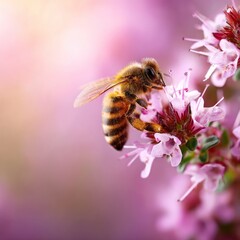 Bee pollinating pink flowers in a garden