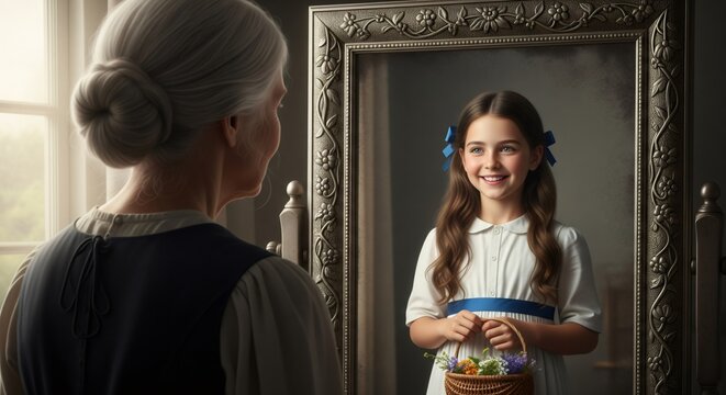 Old Woman Gazing at a Young Girl's Reflection in a Mirror - Powered by Adobe