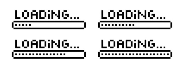 Set of pixelated loading screens with progress bars.