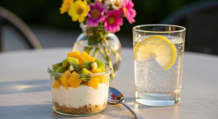 A refreshing dessert of cheesecake with kiwi and mango, served in a glass jar with a spoon and a glass of sparkling water with lemon on a table outdoors