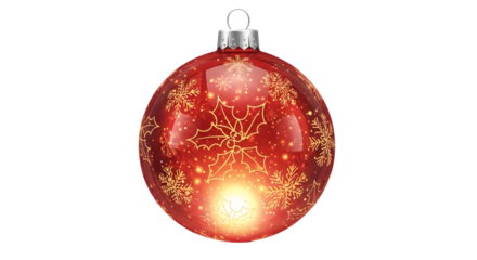 Red christmas ball isolated on transparent background with golden snowflake pattern